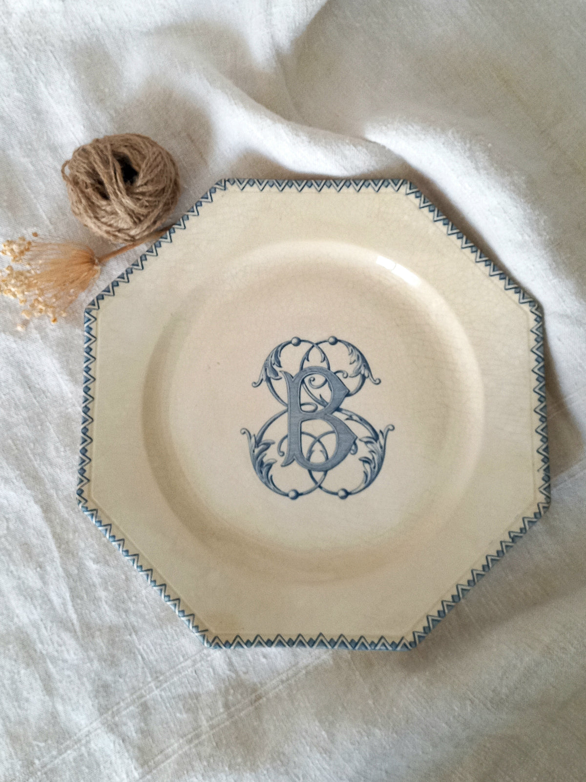 French antique ironstone octagonal plate with the monogram/initial 'B'.