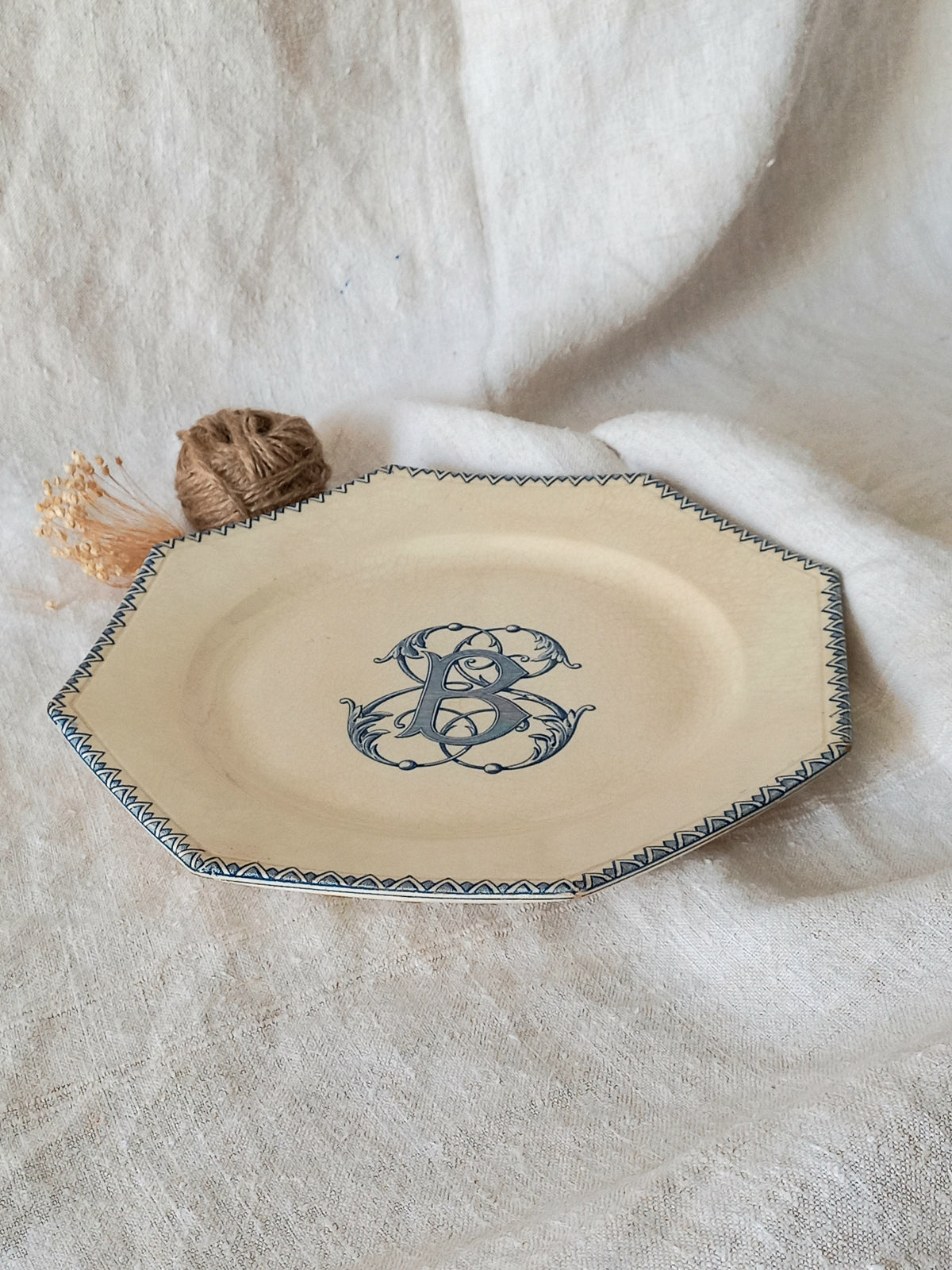 French antique ironstone octagonal plate with the monogram/initial 'B'.
