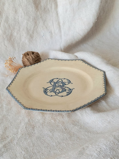 French antique ironstone octagonal plate with the monogram/initial 'B'.