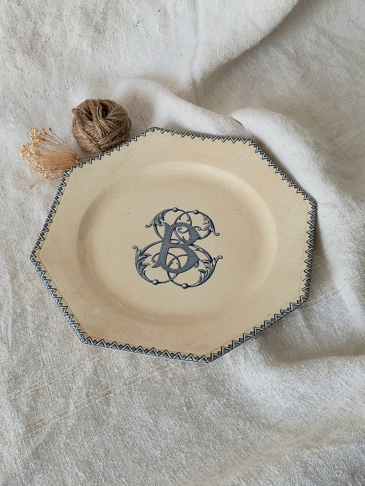 French antique ironstone octagonal plate with the monogram/initial 'B'.