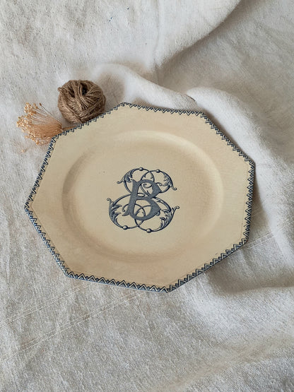 French antique ironstone octagonal plate with the monogram/initial 'B'.