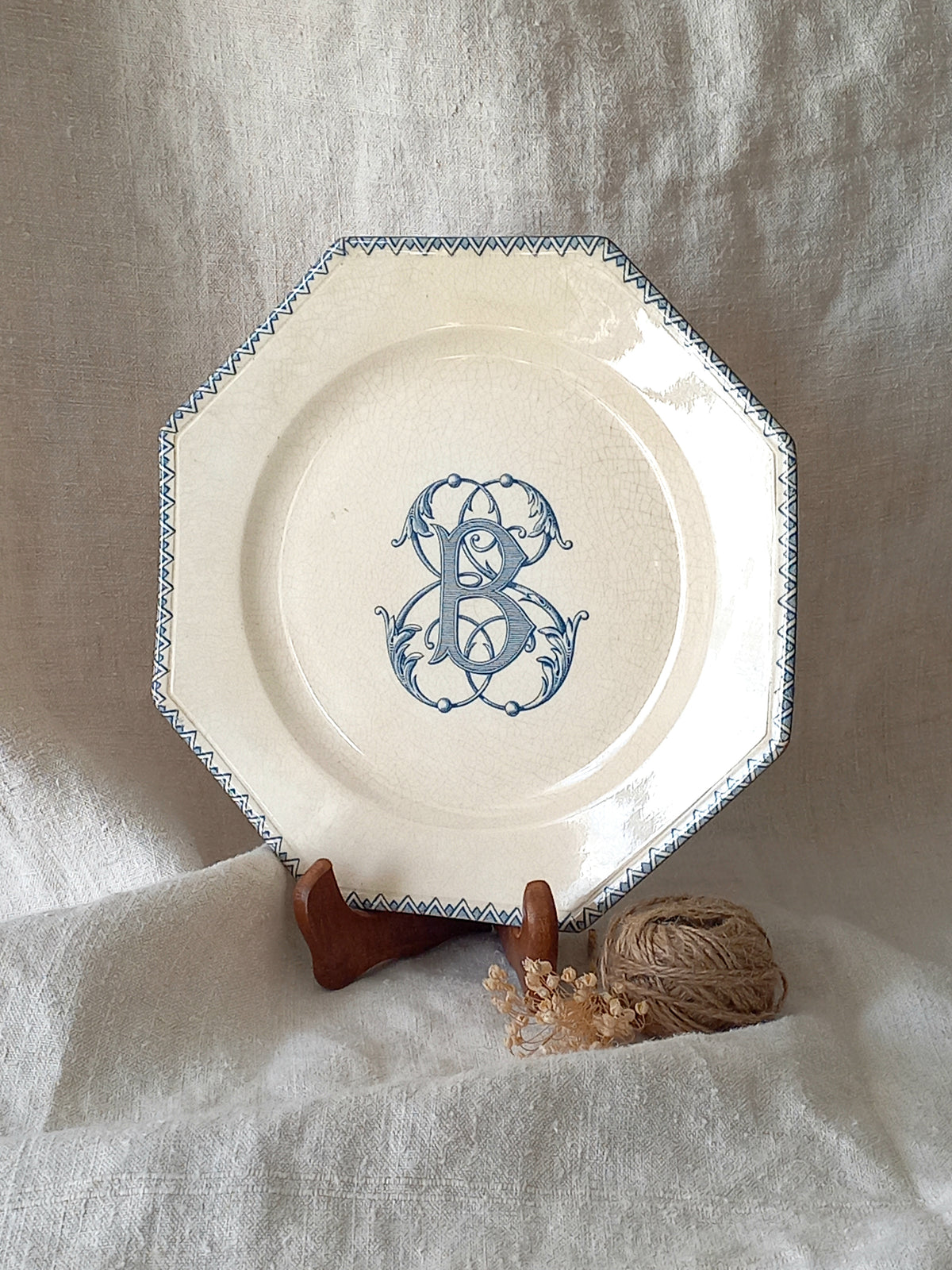 French antique ironstone octagonal plate with the monogram/initial 'B'.