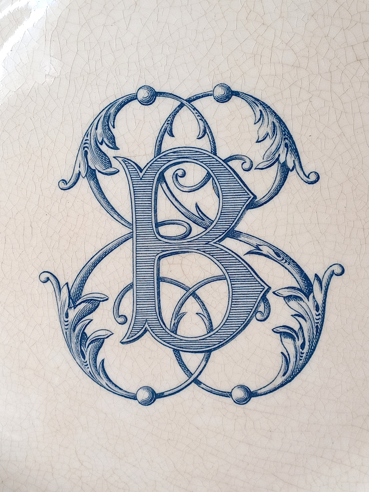 French antique ironstone octagonal plate with the monogram/initial 'B'.
 