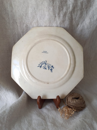 Rear of a French antique ironstone octagonal plate with the monogram/initial 'B'.