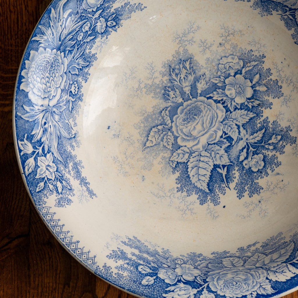 A large and beautiful antique white ironstone bowl or wash basin with blue floral pattern by premier French manufacturer, Sarreguemines.
This piece is circa. 1875 - 1900 so well over 100 years old! 
A stunning piece of original antique ironstone from France that will make excellent home decor.