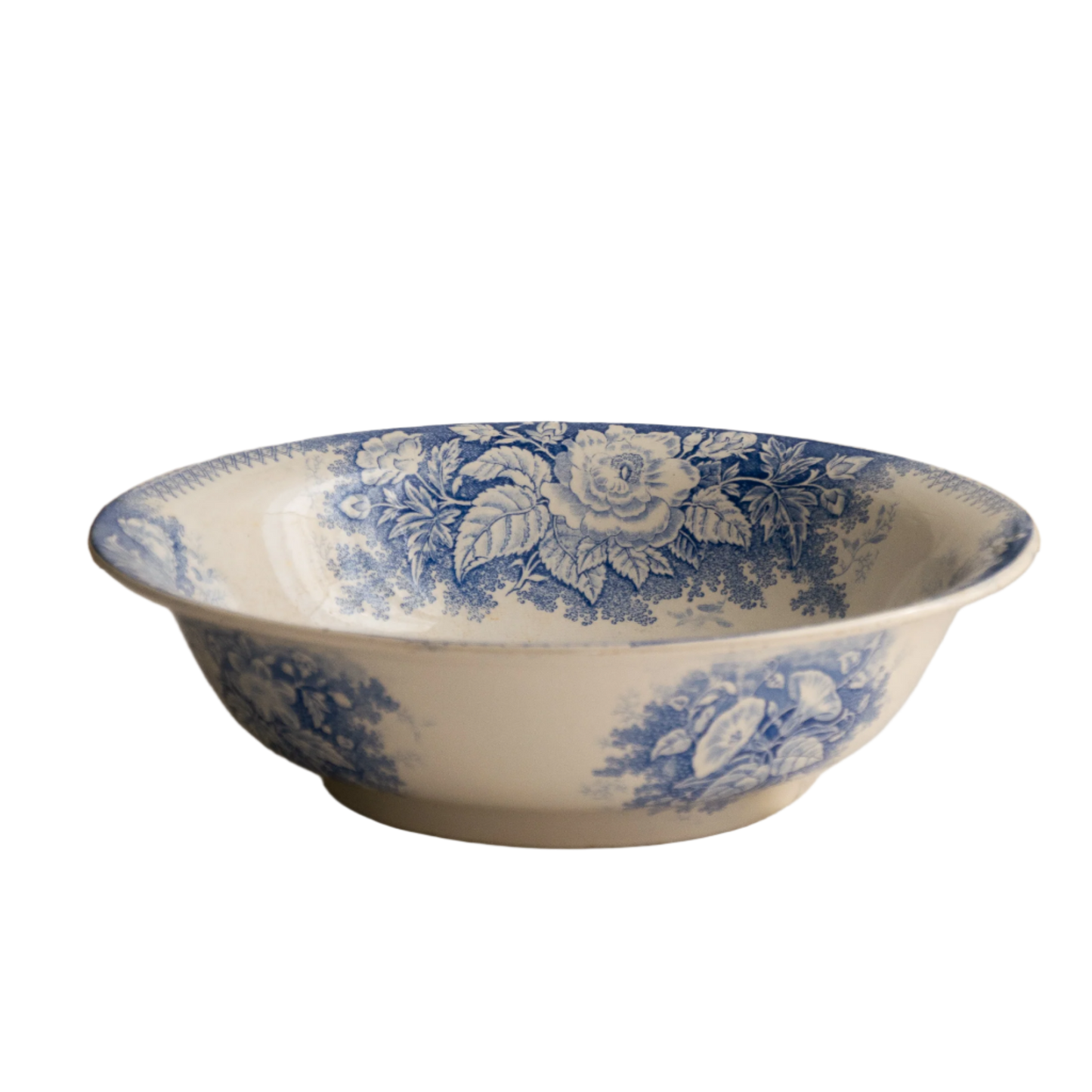 A large and beautiful antique white ironstone bowl or wash basin with blue floral pattern by premier French manufacturer, Sarreguemines.
This piece is circa. 1875 - 1900 so well over 100 years old! 
A stunning piece of original antique ironstone from France that will make excellent home decor.