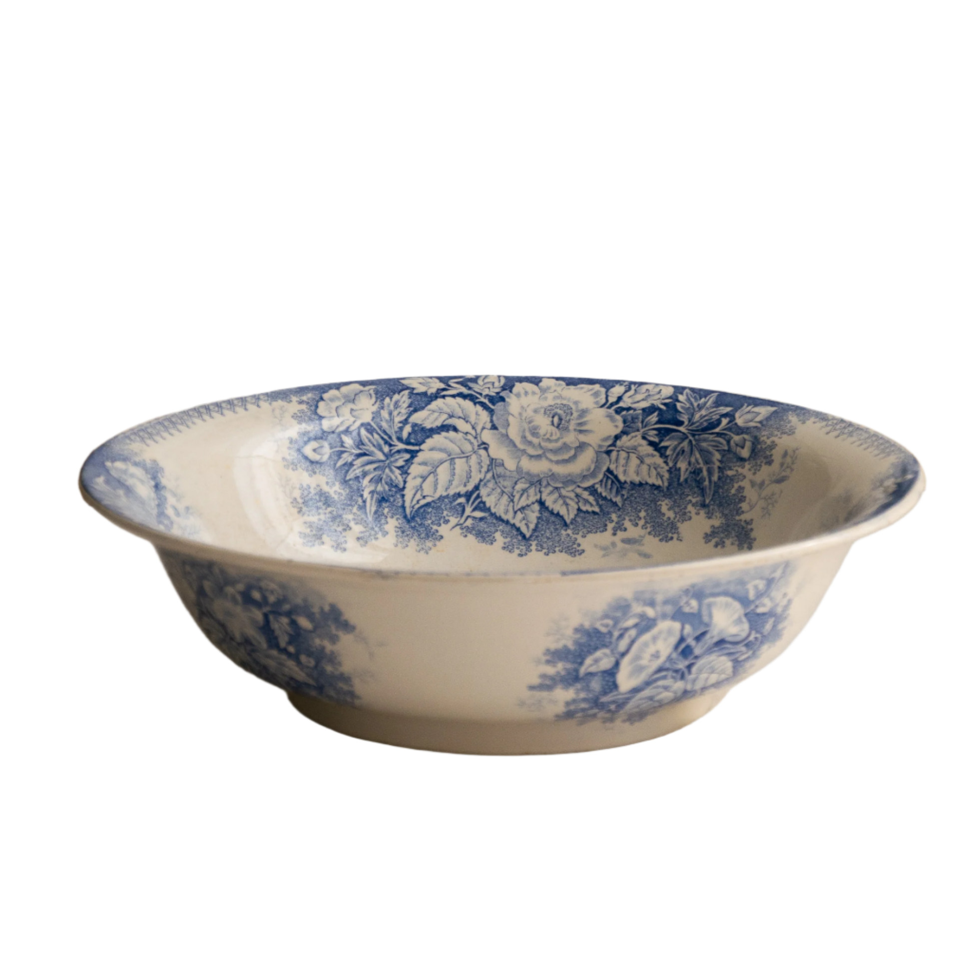 A large and beautiful antique white ironstone bowl or wash basin with blue floral pattern by premier French manufacturer, Sarreguemines.
This piece is circa. 1875 - 1900 so well over 100 years old! 
A stunning piece of original antique ironstone from France that will make excellent home decor.