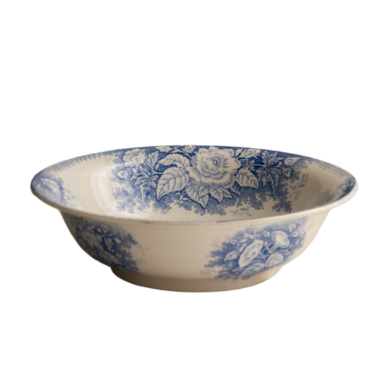 A large and beautiful antique white ironstone bowl or wash basin with blue floral pattern by premier French manufacturer, Sarreguemines.
This piece is circa. 1875 - 1900 so well over 100 years old! 
A stunning piece of original antique ironstone from France that will make excellent home decor.