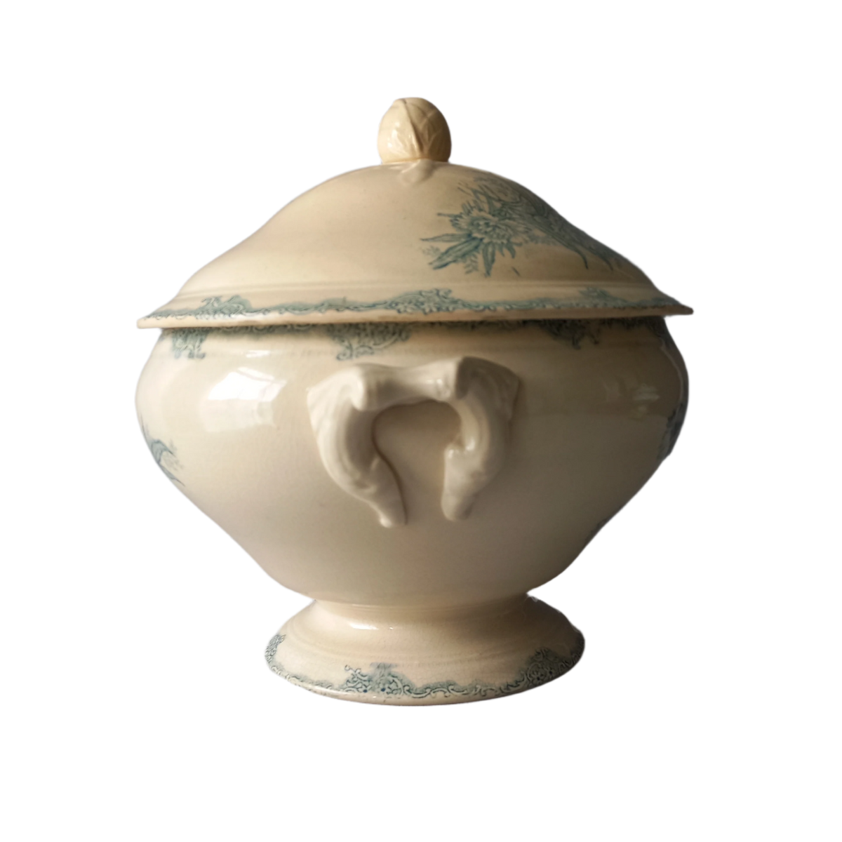 Soupière ancienne française blanche crémeuse et bleu-vert, bol en grès bleu sarcelle, grès décoloré et taché, décor de ferme de campagne 