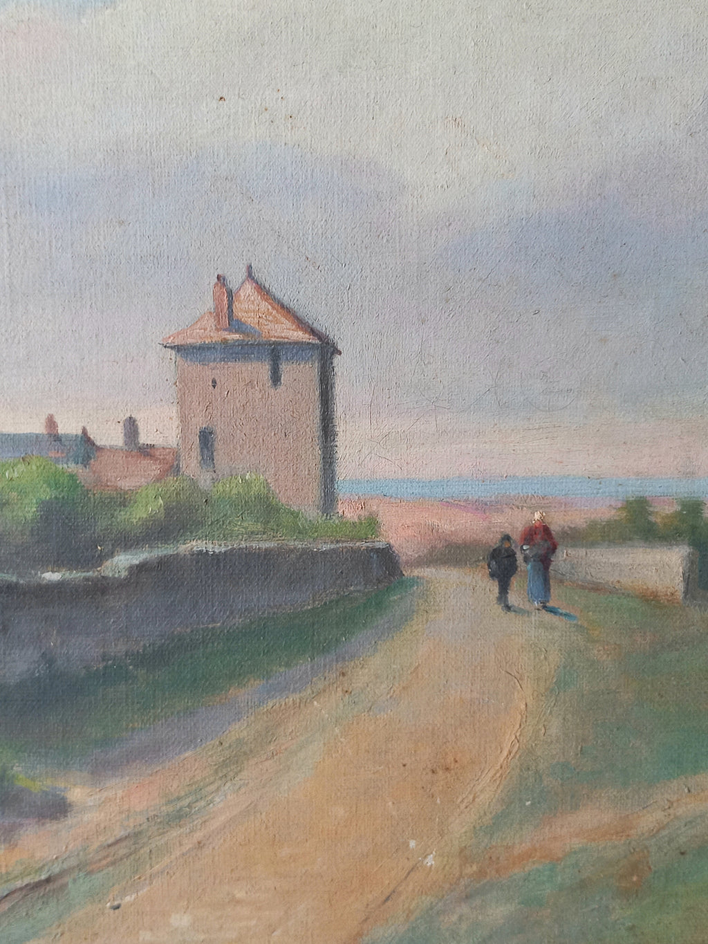 Painting of a coastal scene with a tower and two people walking on a path.