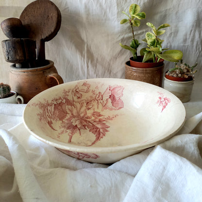 Large ironstone bowl with pink floral pattern, shabby chic wash basin