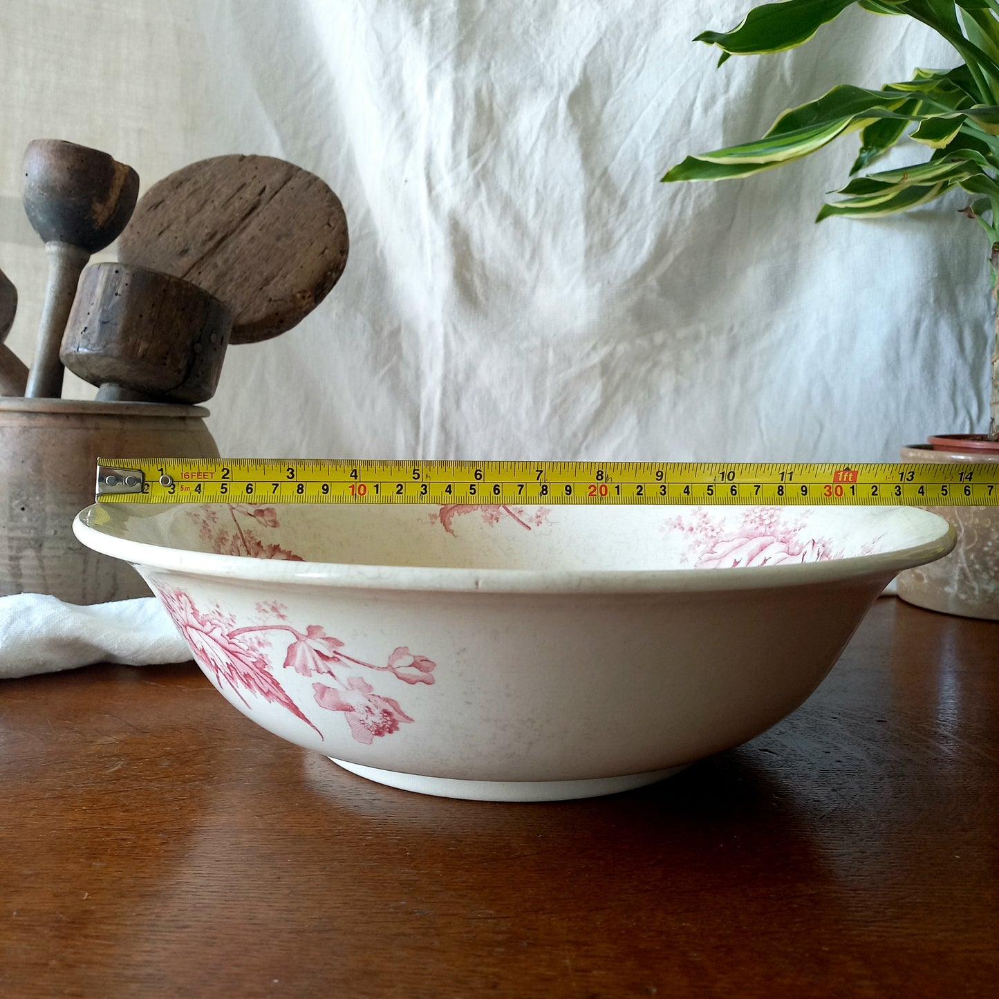 Large ironstone bowl with pink floral pattern, shabby chic wash basin
