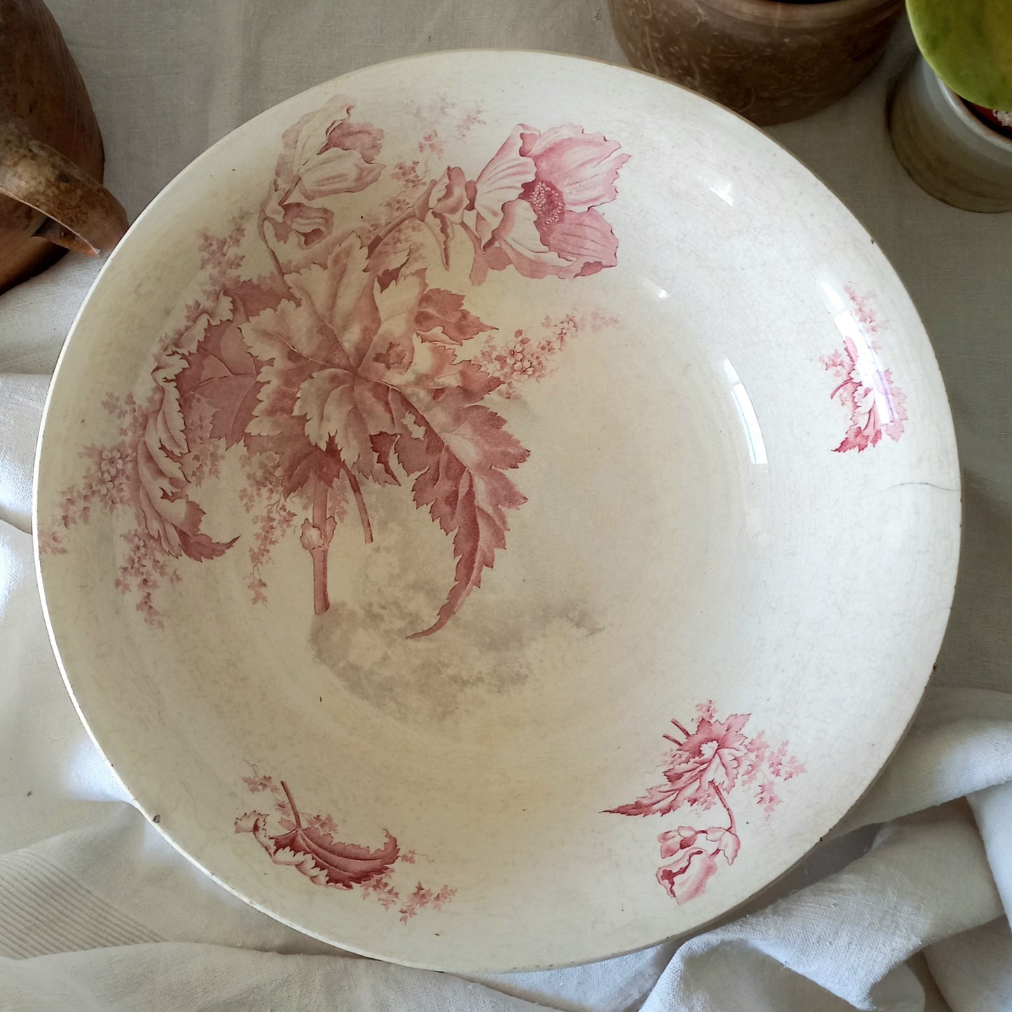 Large ironstone bowl with pink floral pattern, shabby chic wash basin