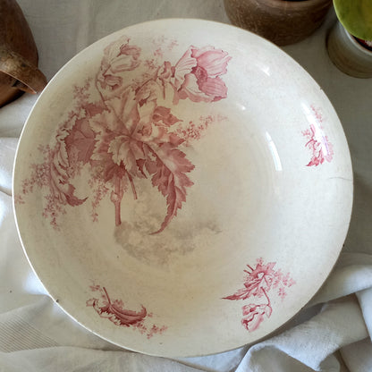 Large ironstone bowl with pink floral pattern, shabby chic wash basin