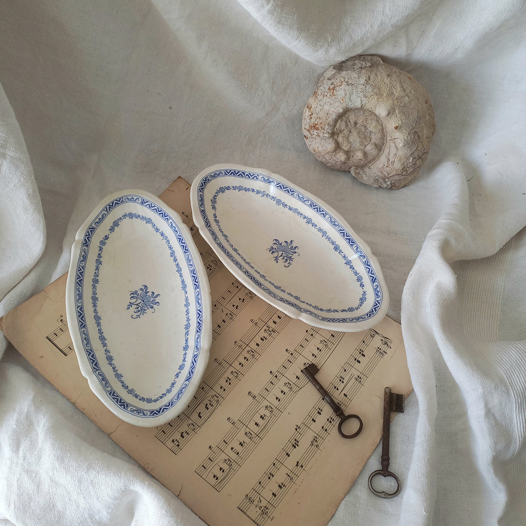A beautiful pair of French vintage white ironstone side plates or raviers with attractive blue designs. These particular pieces were manufactured by Gien.