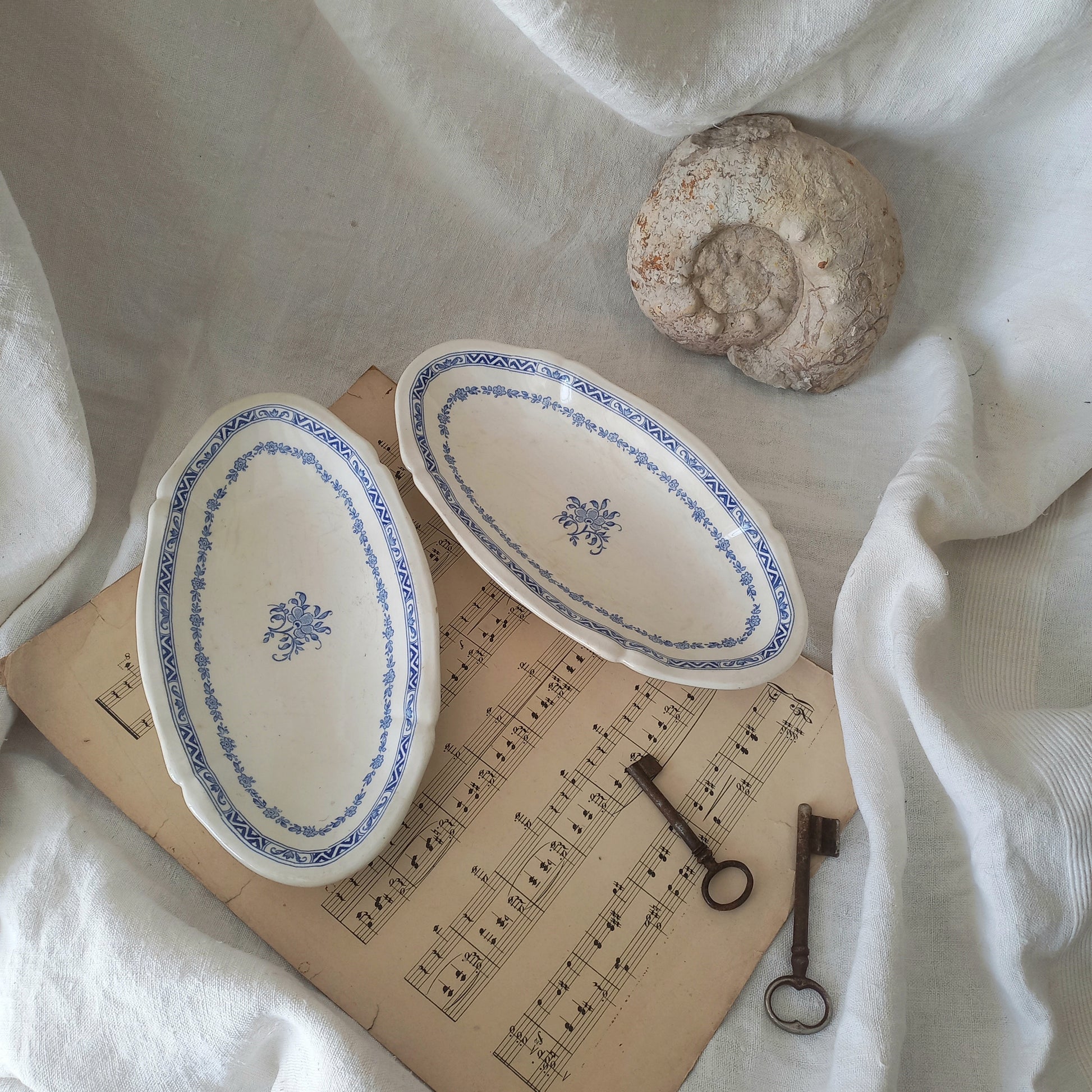 A beautiful pair of French vintage white ironstone side plates or raviers with attractive blue designs. These particular pieces were manufactured by Gien.