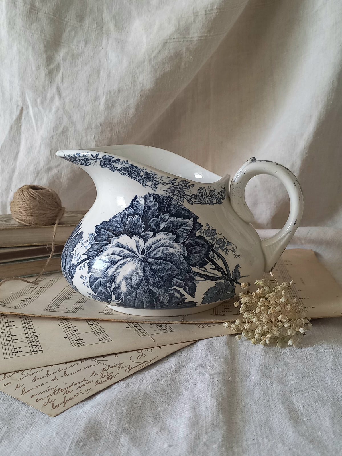 French Antique White Ironstone Jug Pitcher With Blue Floral Pattern