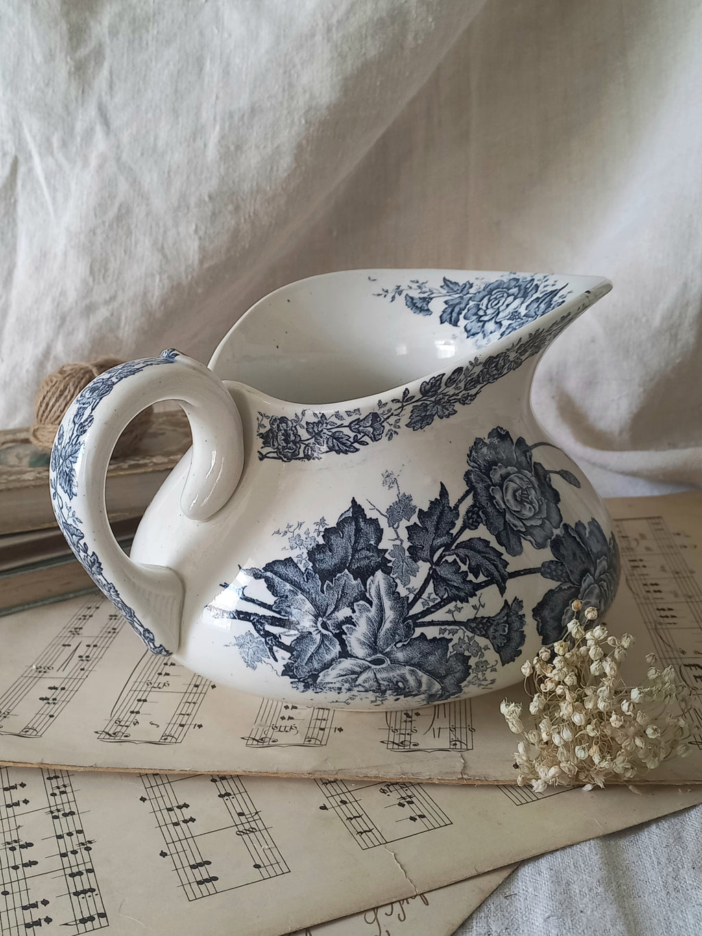 French Antique White Ironstone Jug Pitcher With Blue Floral Pattern