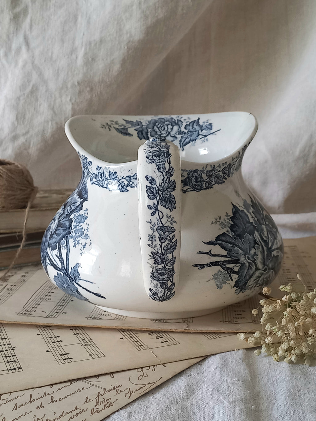 French Antique White Ironstone Jug Pitcher With Blue Floral Pattern
