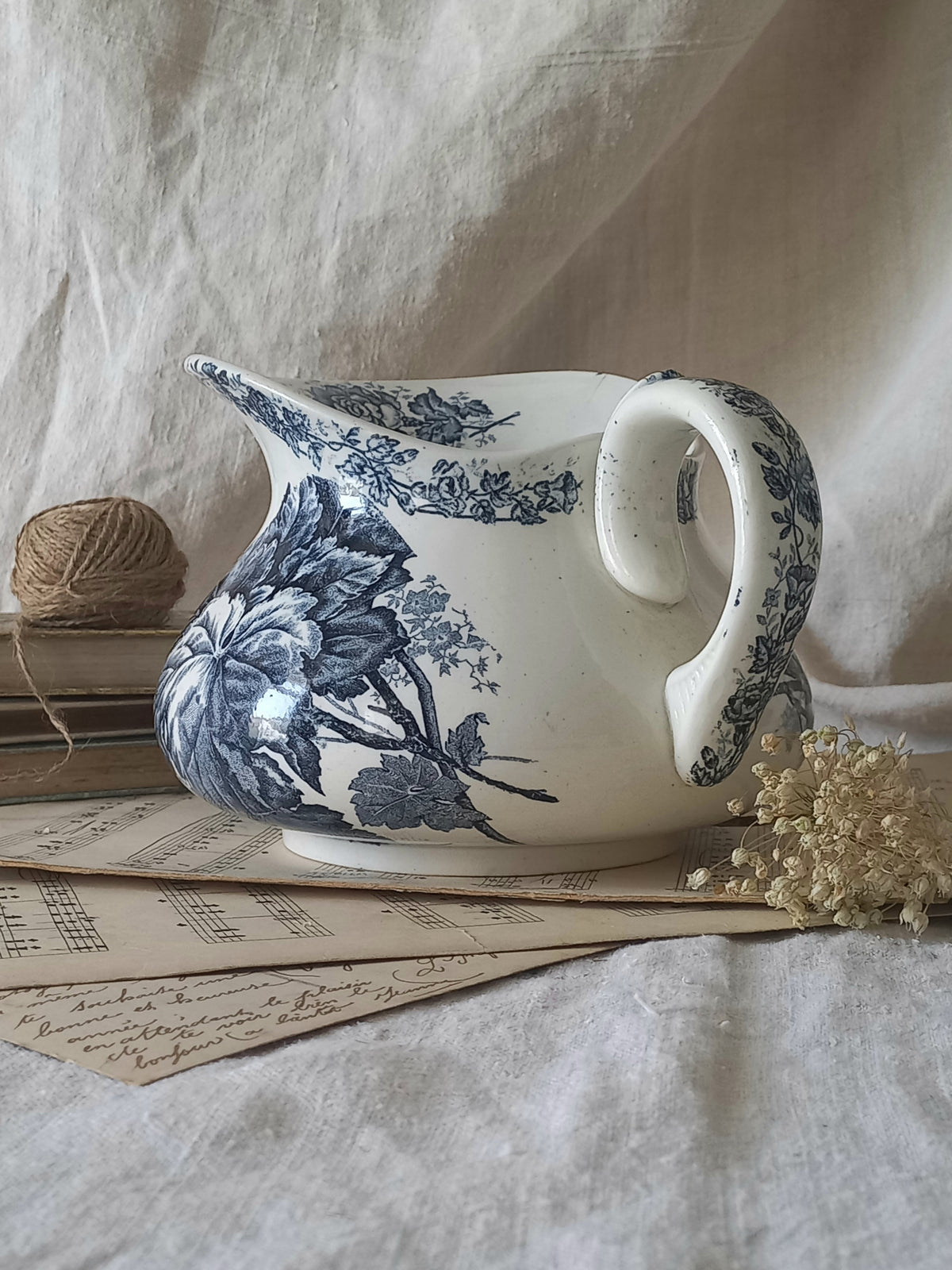 French Antique White Ironstone Jug Pitcher With Blue Floral Pattern