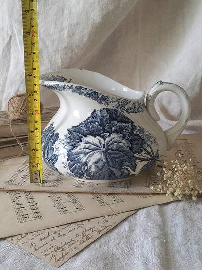 French Antique White Ironstone Jug Pitcher With Blue Floral Pattern