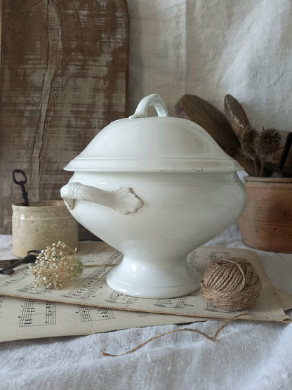 Antique white ironstone soup tureen, french antique lidded bowl, shabby chic decor
