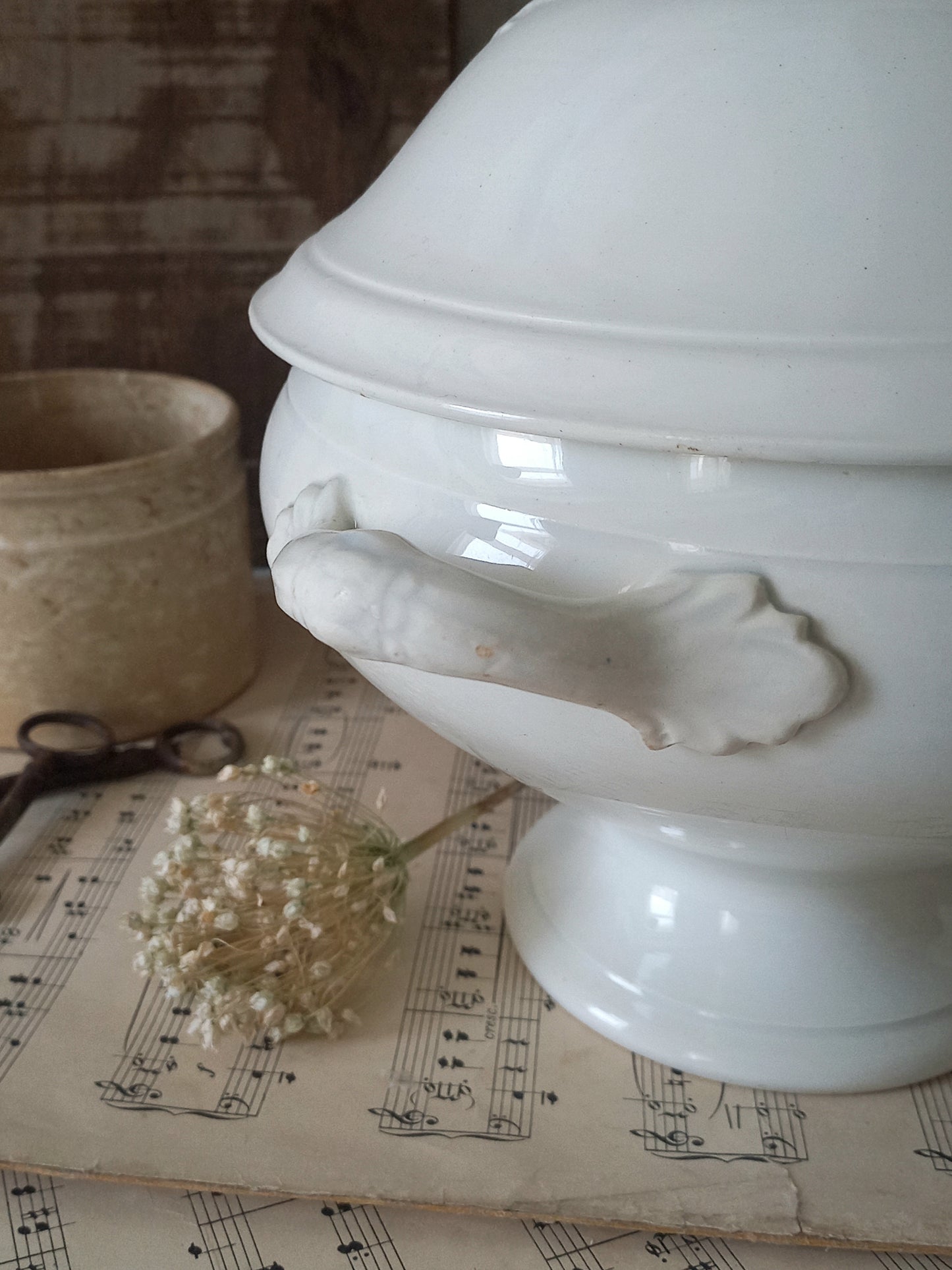 Antique white ironstone soup tureen, french antique lidded bowl, shabby chic decor