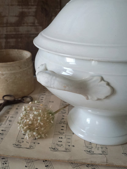 Antique white ironstone soup tureen, french antique lidded bowl, shabby chic decor