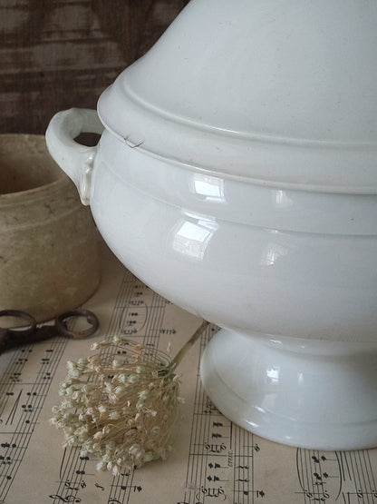 Antique white ironstone soup tureen, french antique lidded bowl, shabby chic decor