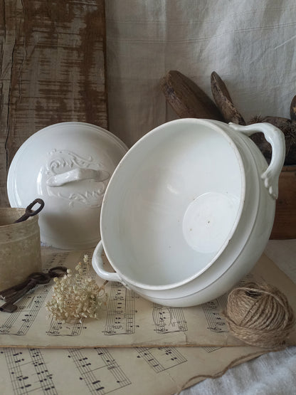 Antique white ironstone soup tureen, french antique lidded bowl, shabby chic decor