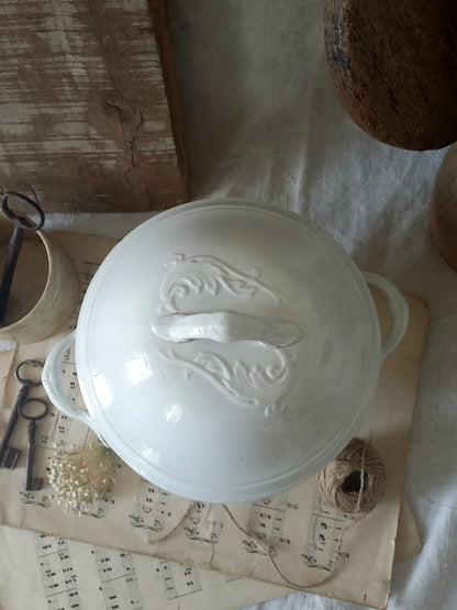 Antique white ironstone soup tureen, french antique lidded bowl, shabby chic decor
