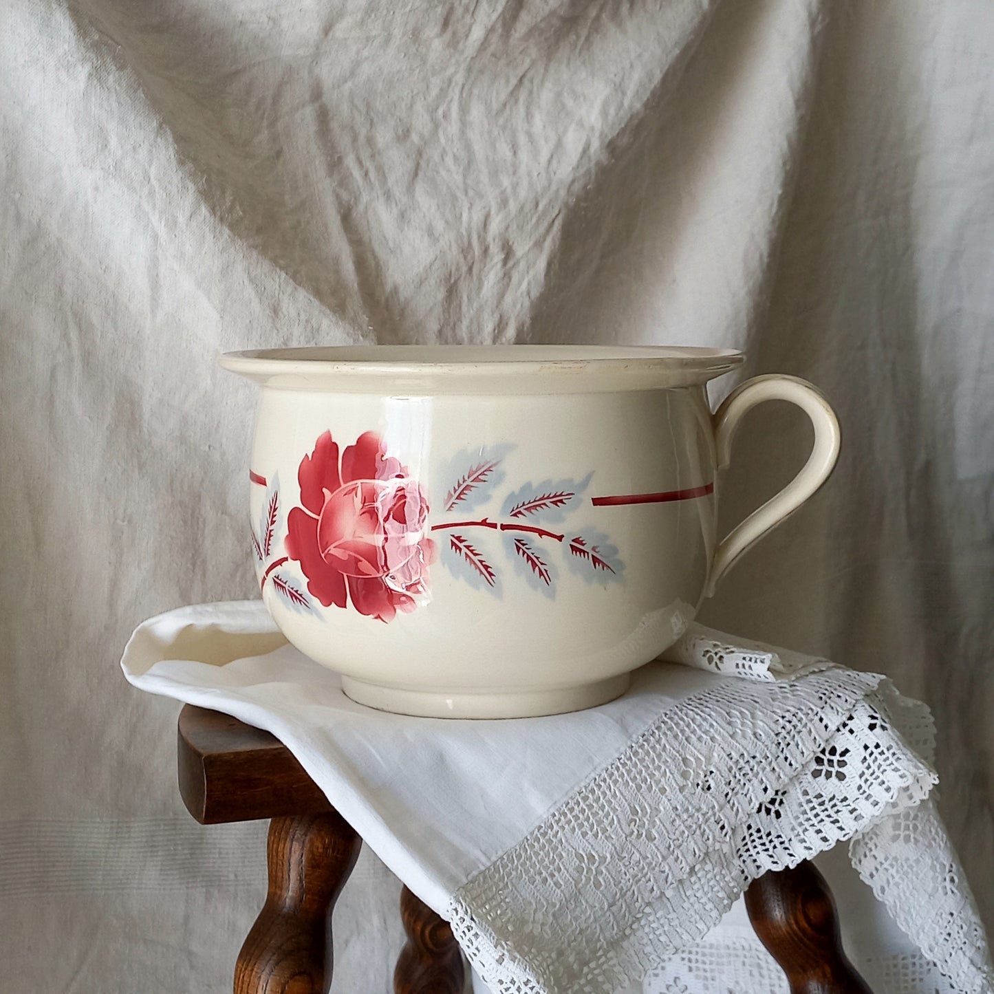 French Vintage Ironstone Chamber Pot with Rose Transferware Pattern