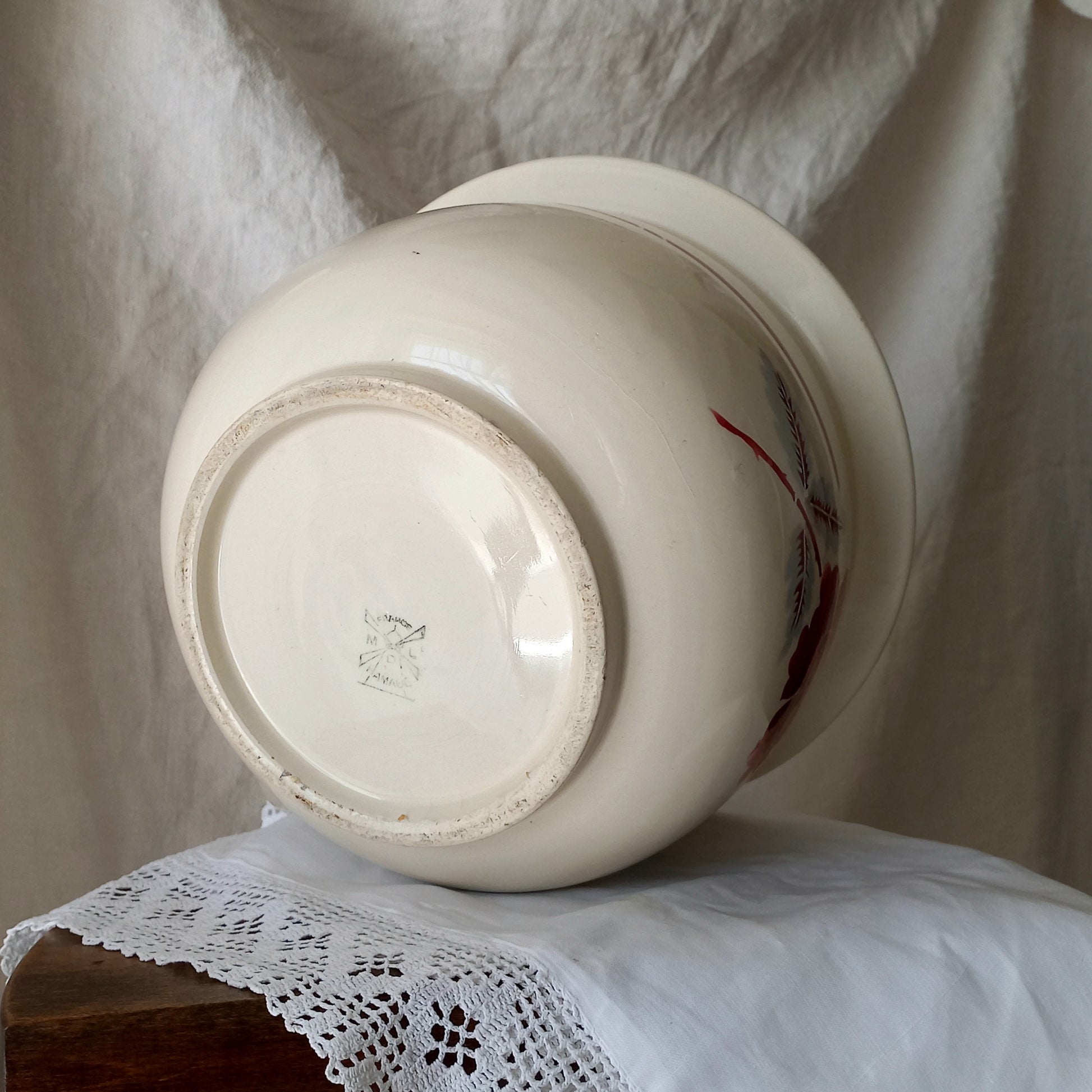 French Vintage Ironstone Chamber Pot with Rose Transferware Pattern