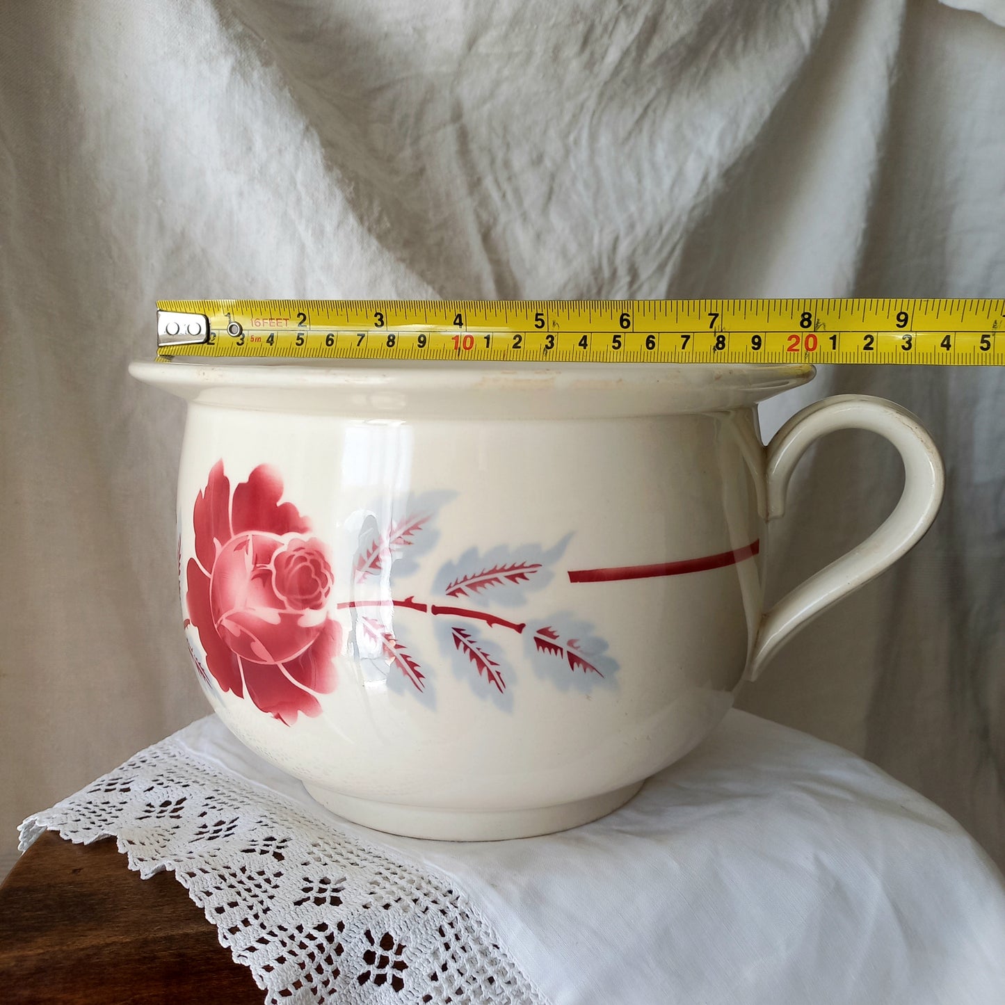 French Vintage Ironstone Chamber Pot with Rose Transferware Pattern