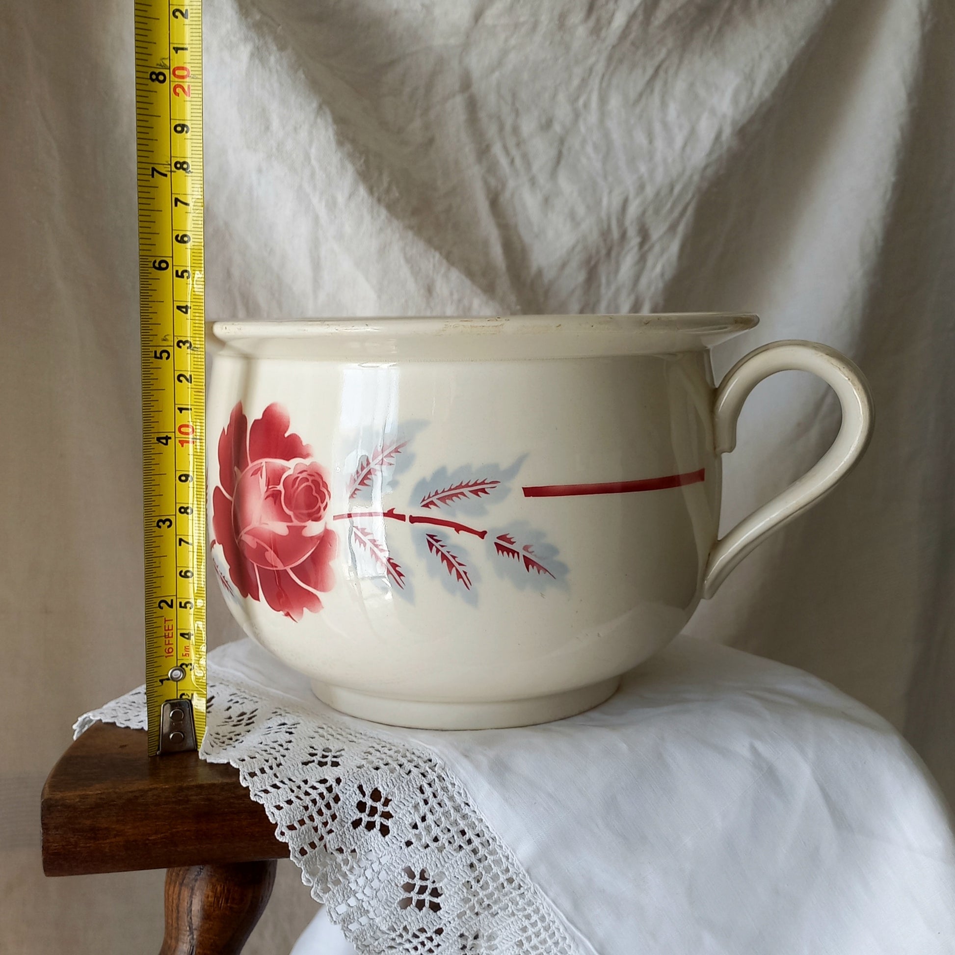 French Vintage Ironstone Chamber Pot with Rose Transferware Pattern