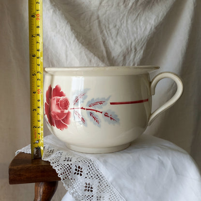 French Vintage Ironstone Chamber Pot with Rose Transferware Pattern
