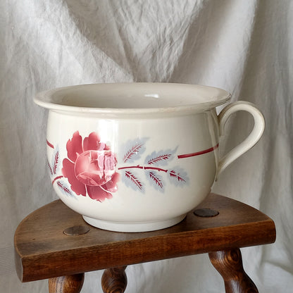 French Vintage Ironstone Chamber Pot with Rose Transferware Pattern