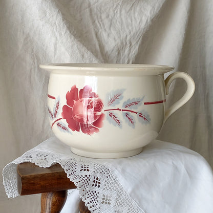 French Vintage Ironstone Chamber Pot with Rose Transferware Pattern