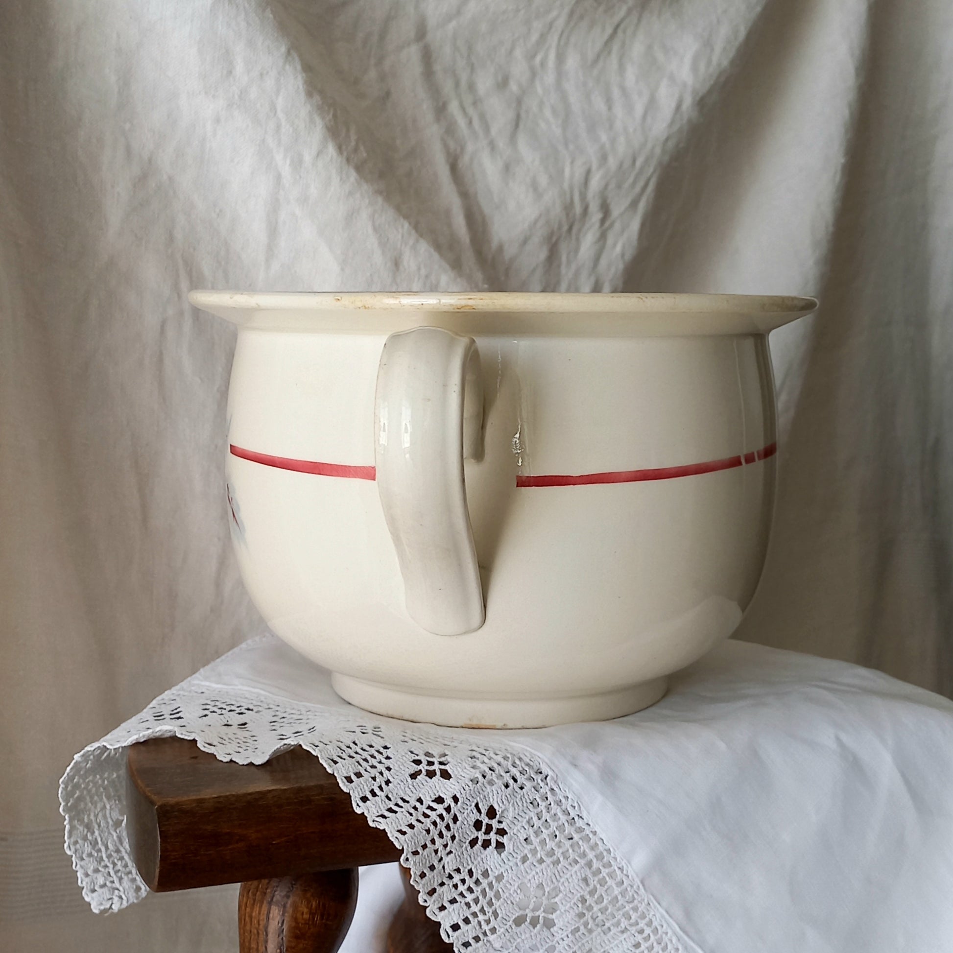 French Vintage Ironstone Chamber Pot with Rose Transferware Pattern