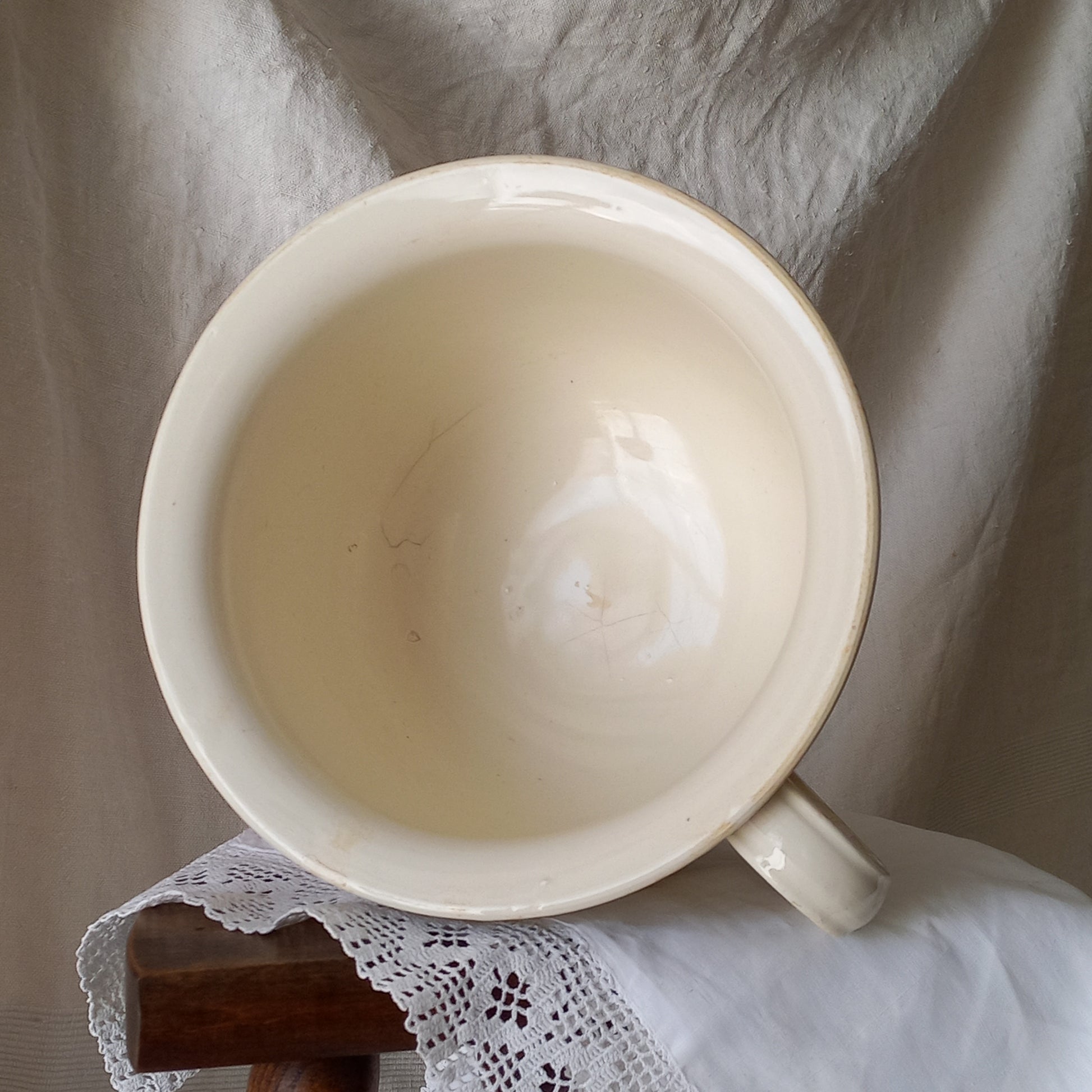 French Vintage Ironstone Chamber Pot with Rose Transferware Pattern