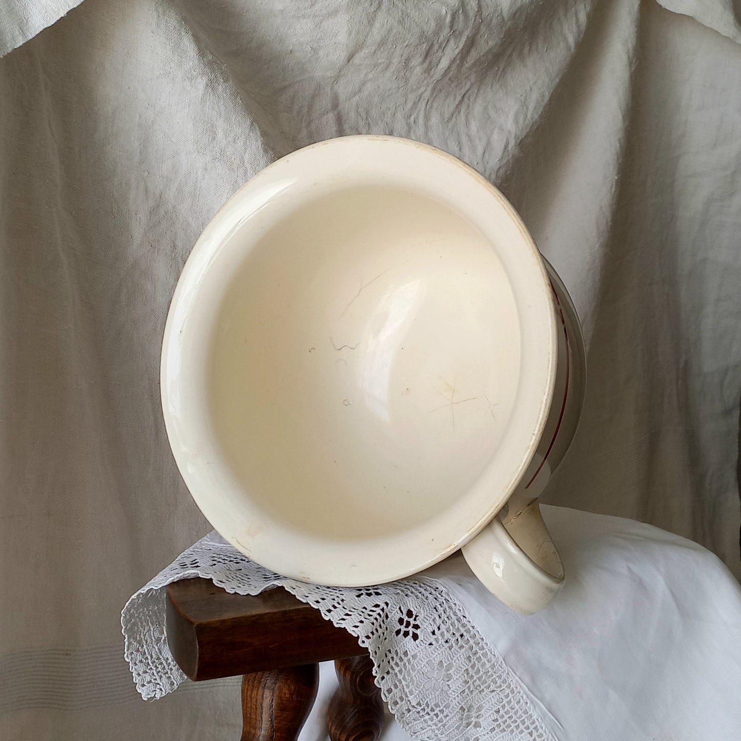 French Vintage Ironstone Chamber Pot with Rose Transferware Pattern