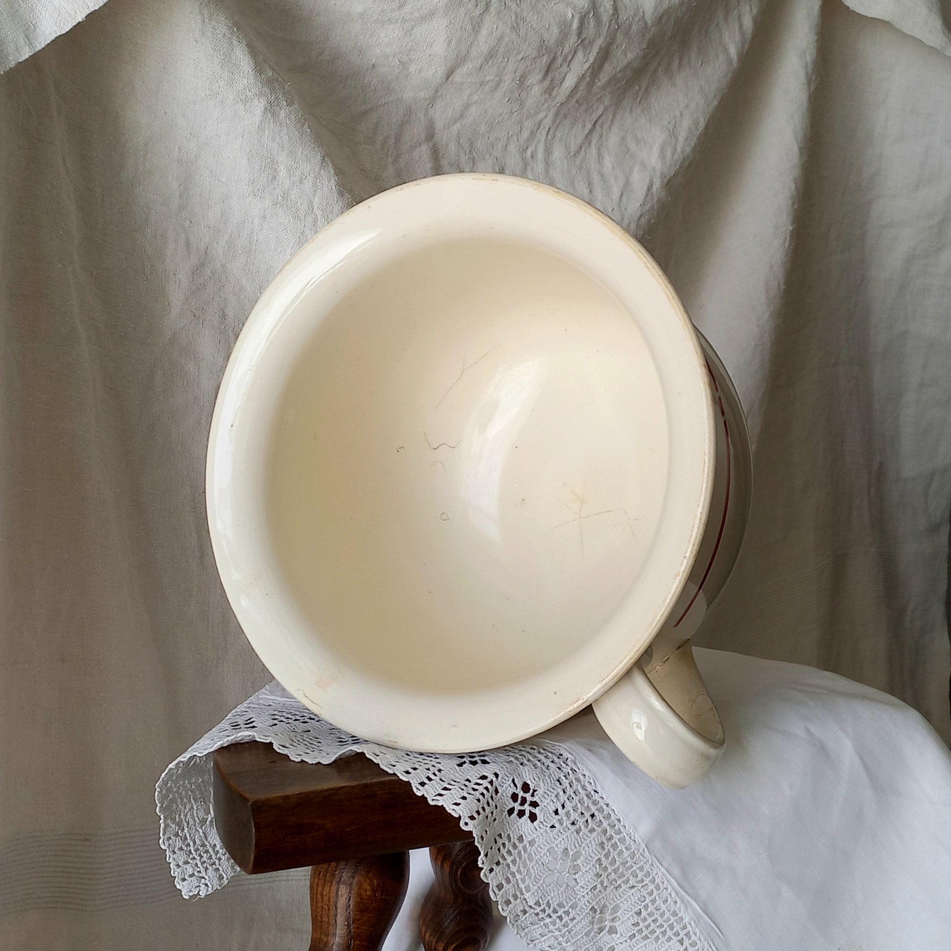 French Vintage Ironstone Chamber Pot with Rose Transferware Pattern