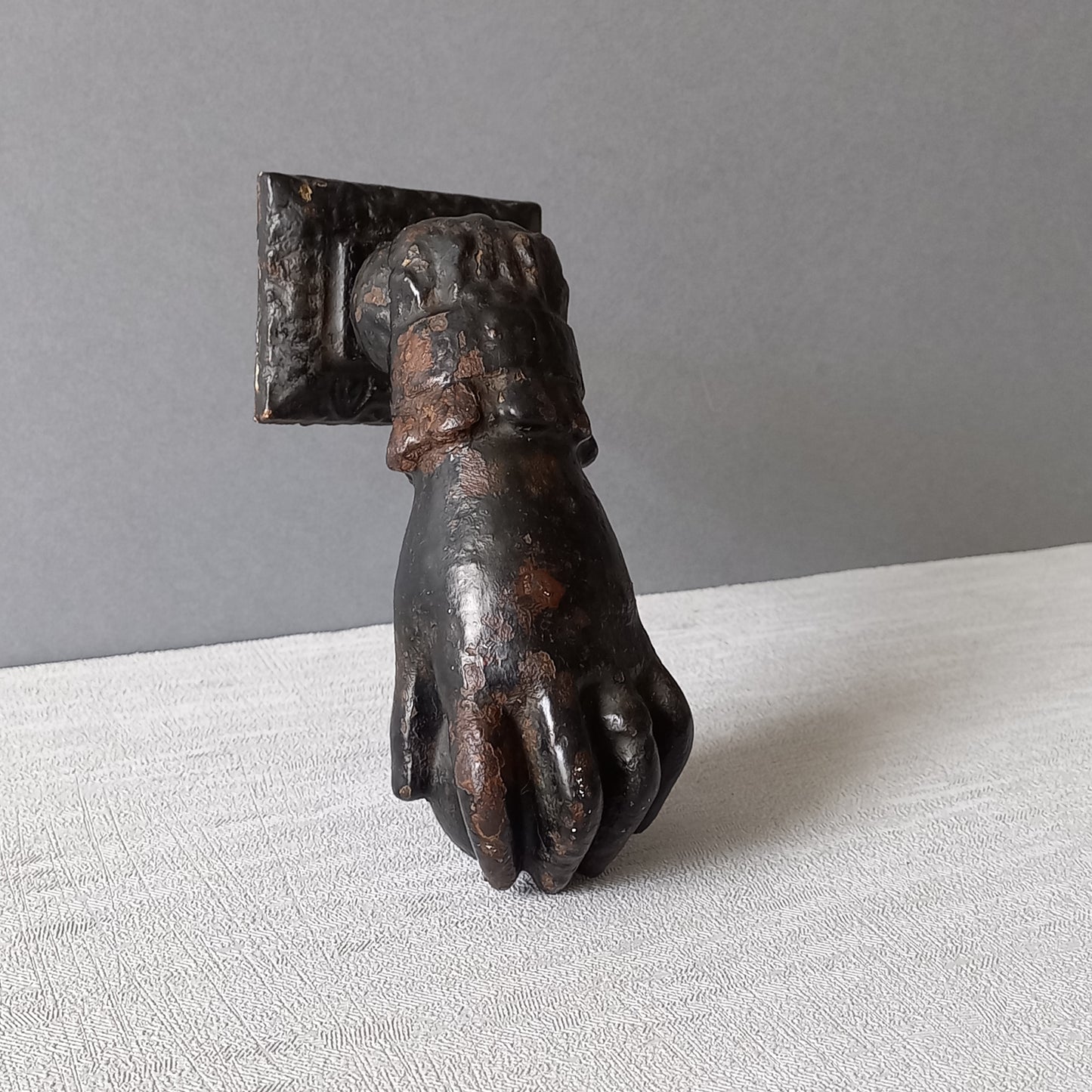 French antique female hand door knocker made from cast iron, original antique door knocker