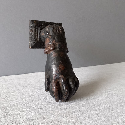 French antique female hand door knocker made from cast iron, original antique door knocker