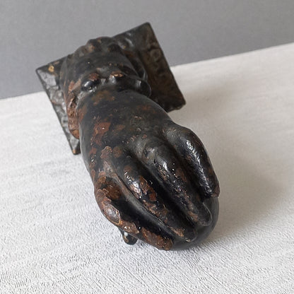 French antique female hand door knocker made from cast iron, original antique door knocker