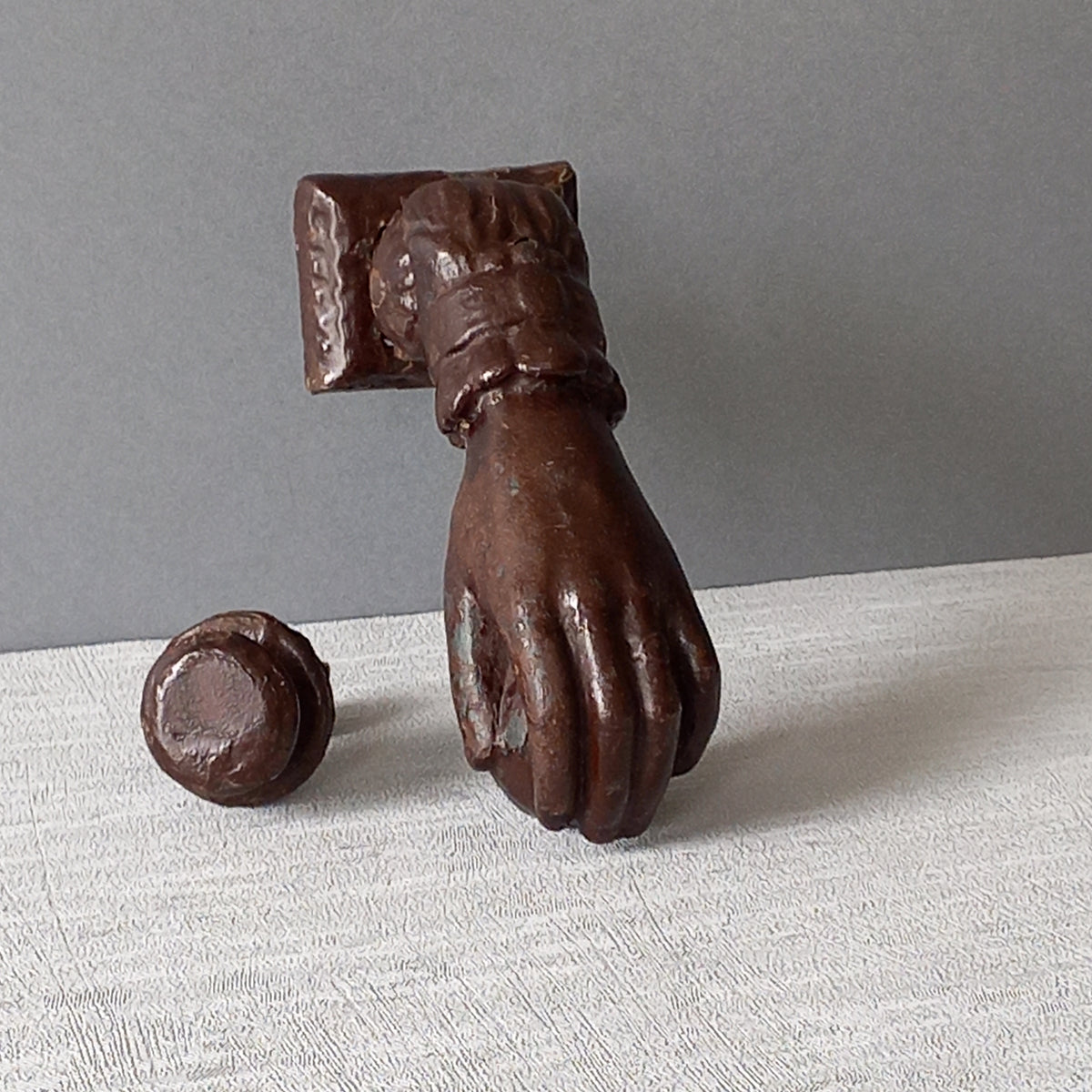 A French decorative antique cast-iron female hand door knocker, an original piece of door decor which is a quality and solid piece with shabby chic finish.