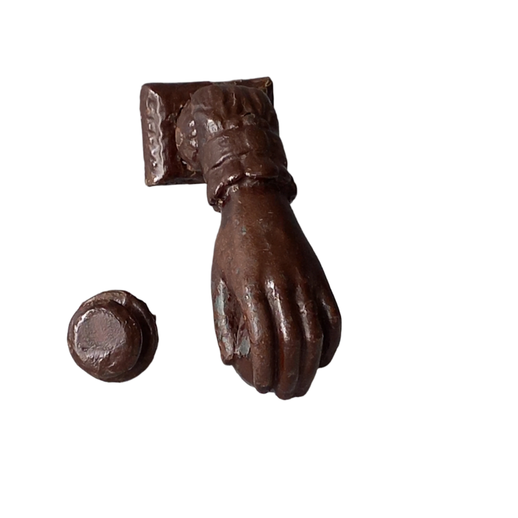 A French decorative antique cast-iron female hand door knocker, an original piece of door decor which is a quality and solid piece with shabby chic finish.