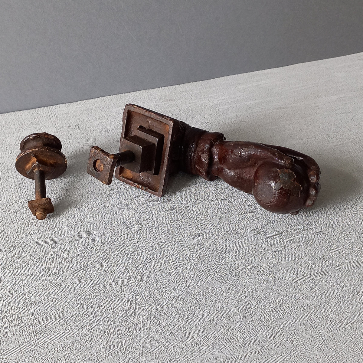 A French decorative antique cast-iron female hand door knocker, an original piece of door decor which is a quality and solid piece with shabby chic finish.