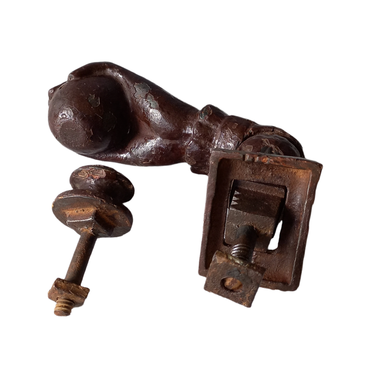 A French decorative antique cast-iron female hand door knocker, an original piece of door decor which is a quality and solid piece with shabby chic finish.