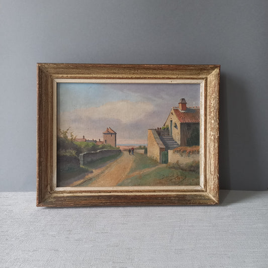 Antique French landscape painting, French rural village painting, coastal scene